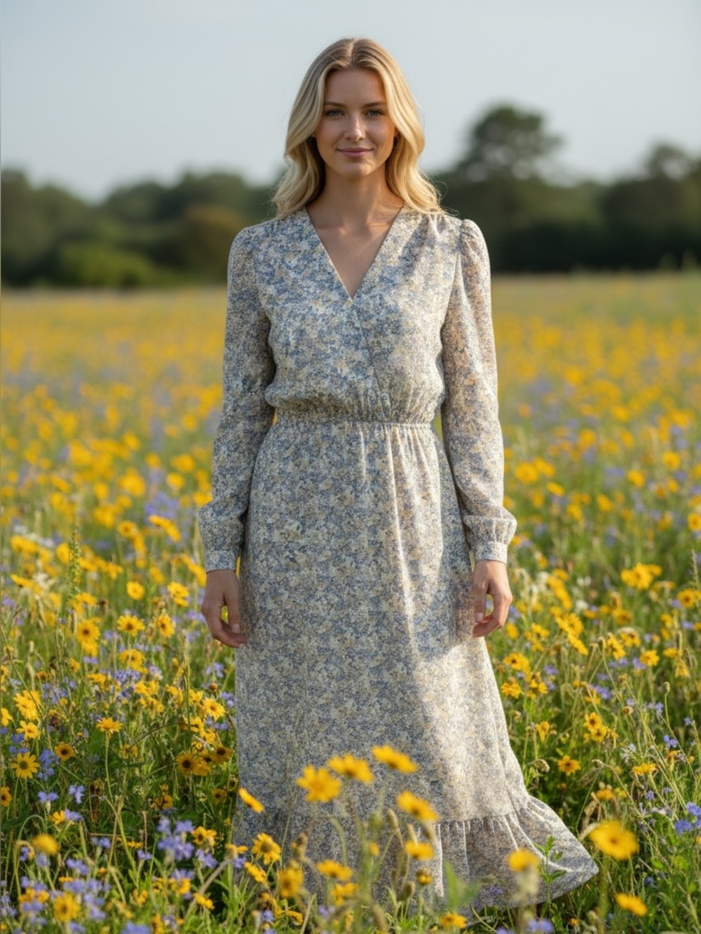Floral Long Sleeve V-Neck Maxi Dress in Light Blue